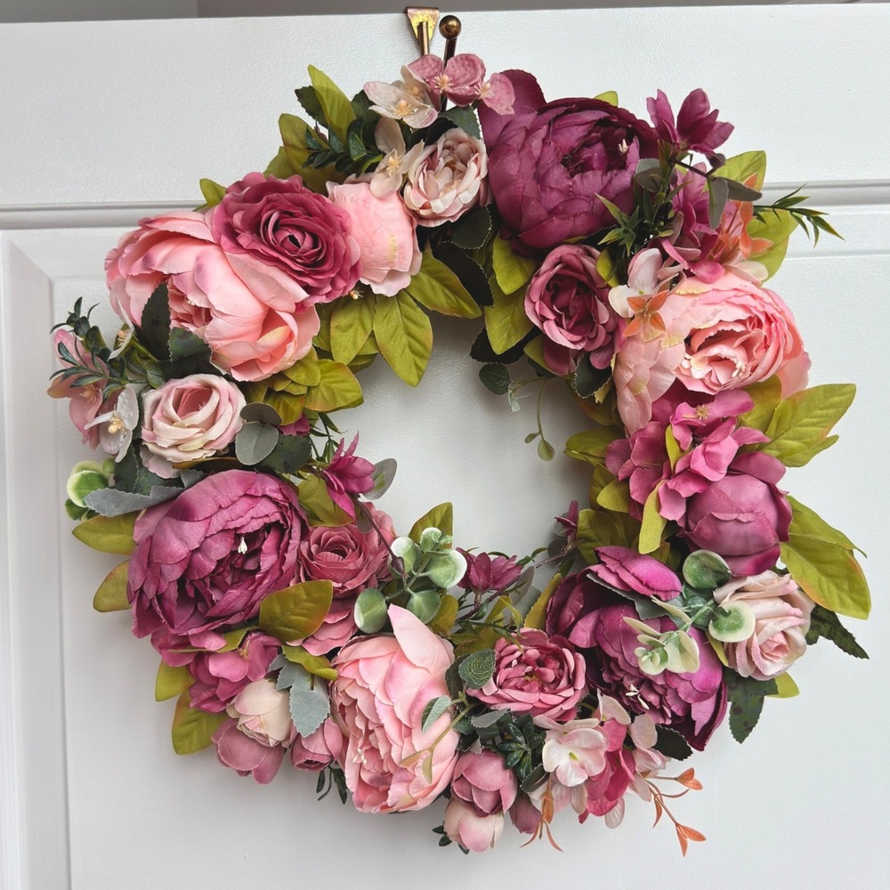 New Pink Burgundy Peony Rose Floral Wreath Door Hanging Spring Shabby Chic Glam